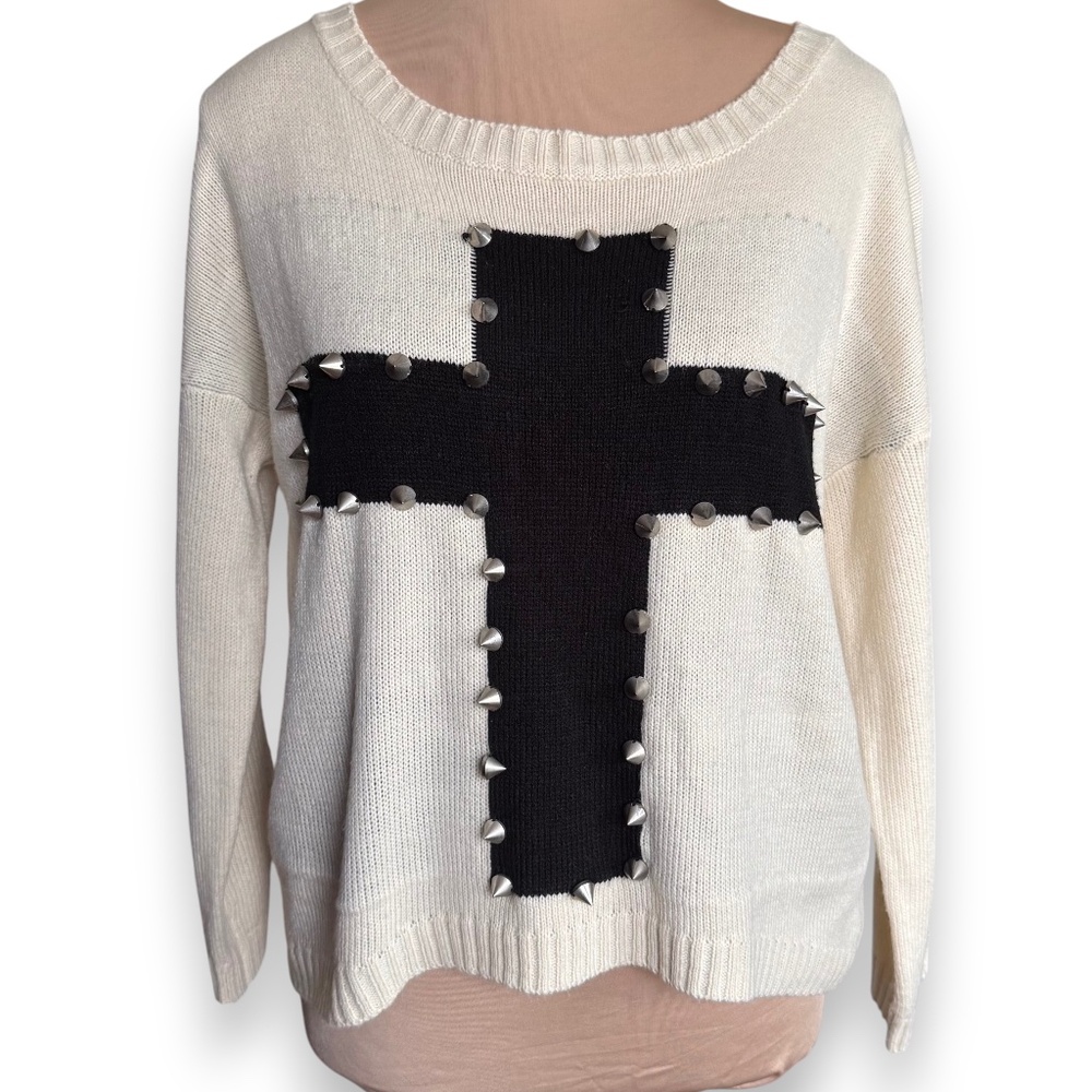 ROMWE off white studded cross sweater lightweight knit long sleeve